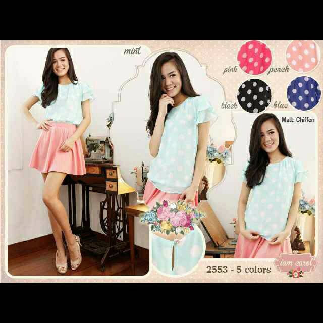 2553C Polkadot Pastel Blouse Wanita Lengan Pendek