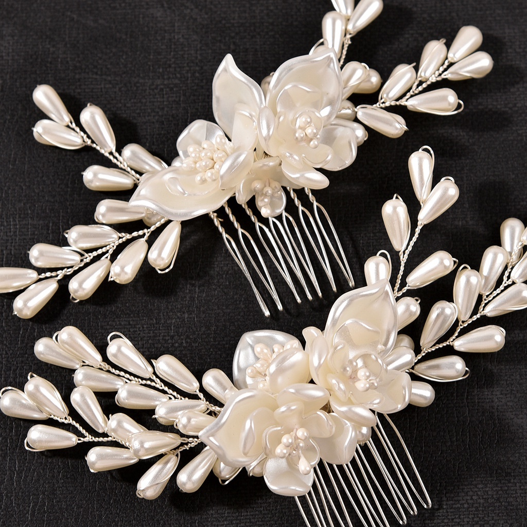 2 pcs Handmade Wedding Flower Headpiece Bridal White pearl Haircomb Hair Accessories