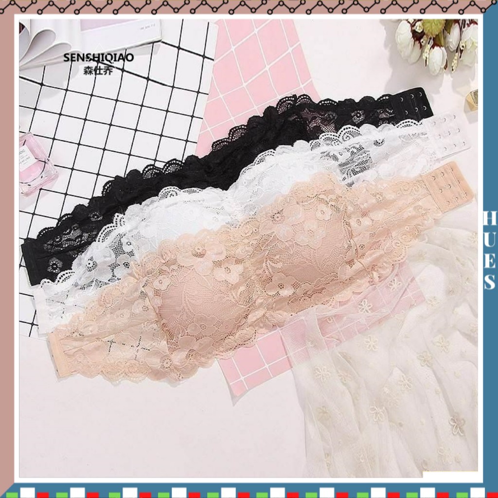 HUES.ID Crop Top Bra Renda Kemben Bandeau Model Tanpa Tali Dengan Busa 1009