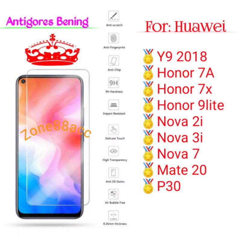 Huawei Y9 2018 Honor 7A 7X 9lite Nova 2i 3i 7 Mate 20 P30 Antigores Bening Tempered Glass Screen TG