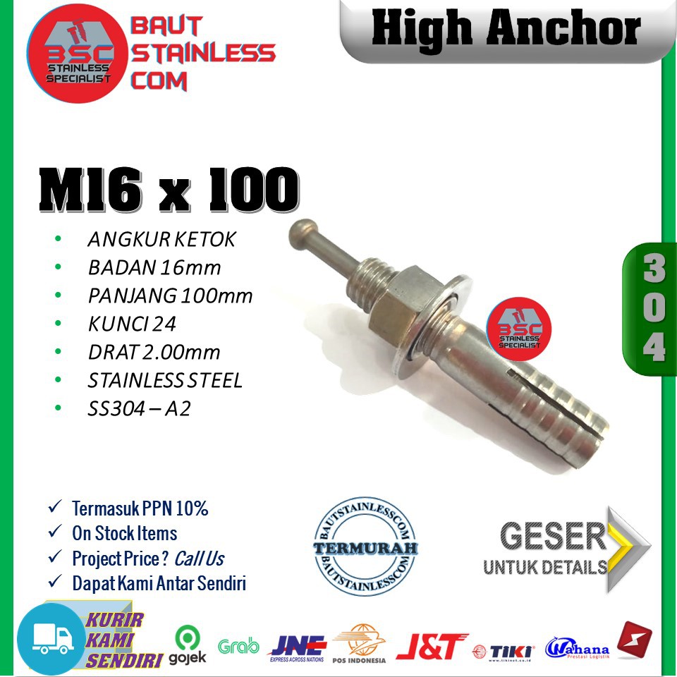 HIT HIGH ANCHOR ANGKUR KETOK DYNABOLT GETOK STAINLESS SS304 M16X100