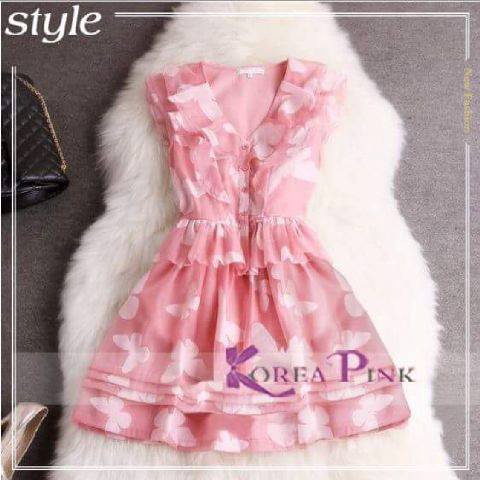 dress fashion import Korea Pink anak kupu layer cantik