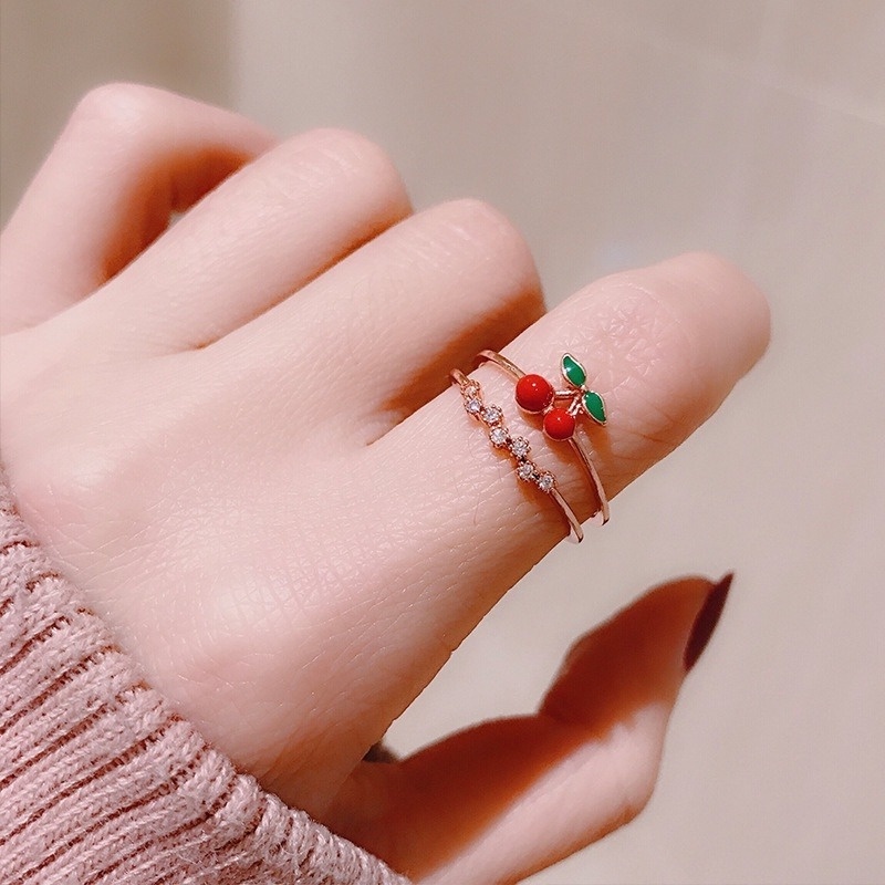 Cincin Model Terbuka Dapat Disesuaikan Desain Strawberry Cherry Gaya Jepang Dan Korea Untuk Perempuan