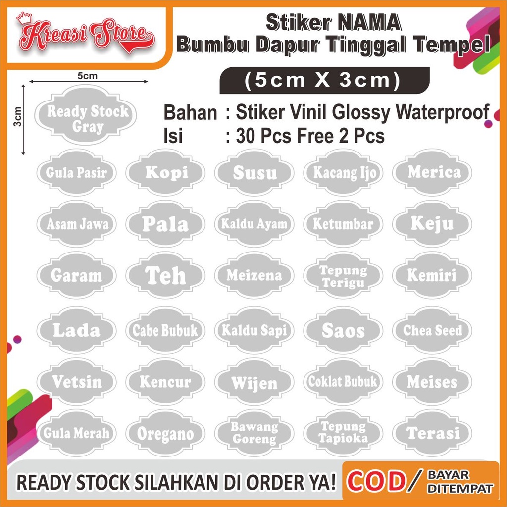 

COD✔ Stiker Label Bumbu Dapur Waterproof Isi 30 Pcs uk 3x5cm Ready Stock free 2pcs