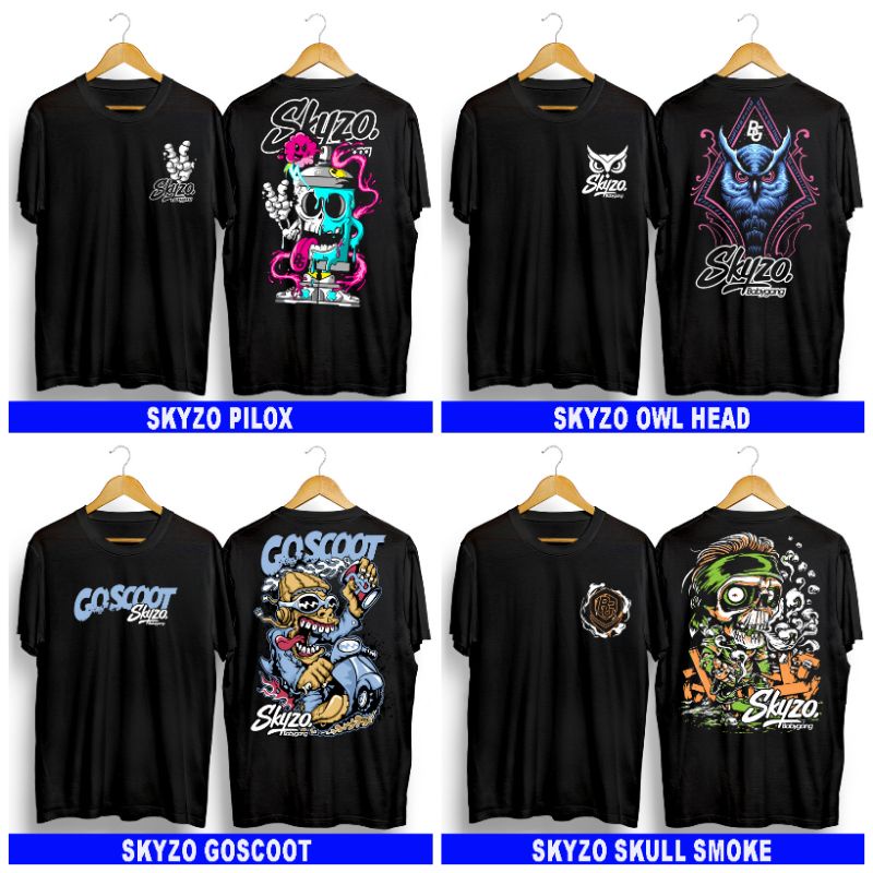 T-shirt Baju Kaos Distro Pria/Wanita Skyzo Pilox Skyzo Owl Head Skyzo Goscoot Skyzo Skull Smoke Topi