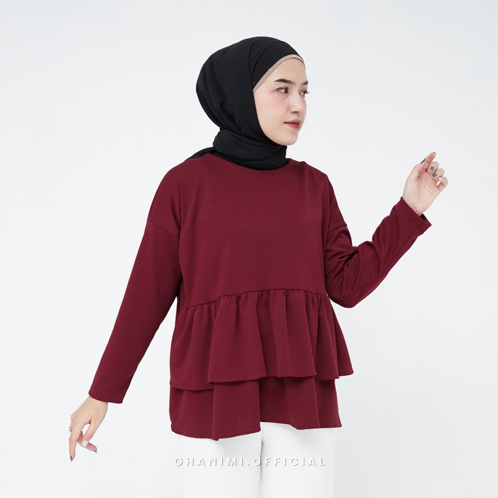 Ghanimi - Nesya Blouse / Blouse Knit Polos Panjang / blus ruffle polos daily murah / blouse knit casual sehari hari