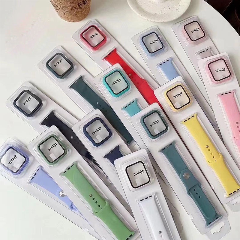 2PCS/ SET Tali Strap Sport Band  40mm 44mm +Kotak kaca yang dikeraskan untuk Apple Watch  iwatch Series 4 5 6 SE  Sillicone-Won