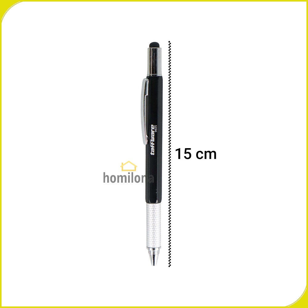 Pena Multifungsi Plastik Stylus + Penggaris + Level + Obeng - Taffware 9625 Black Silver