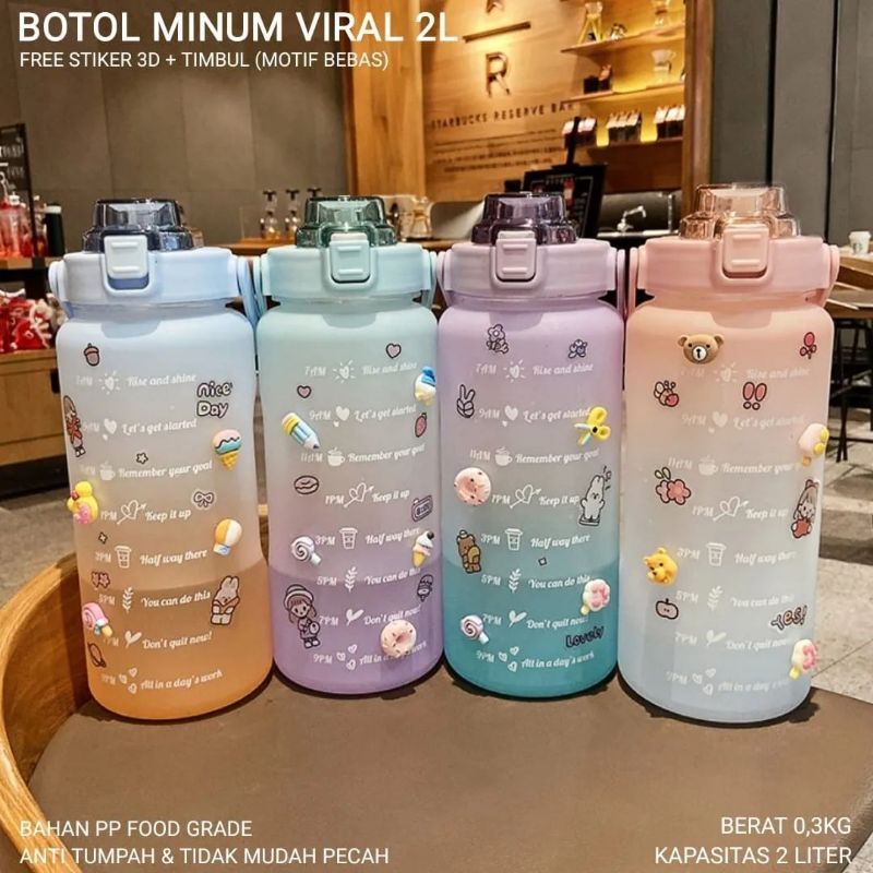 Botol Minum 2 Liter/Botol Minum VIRAL KOREA 2 Liter/ Botol Pelangi / Botol Bening Penanda Waktu