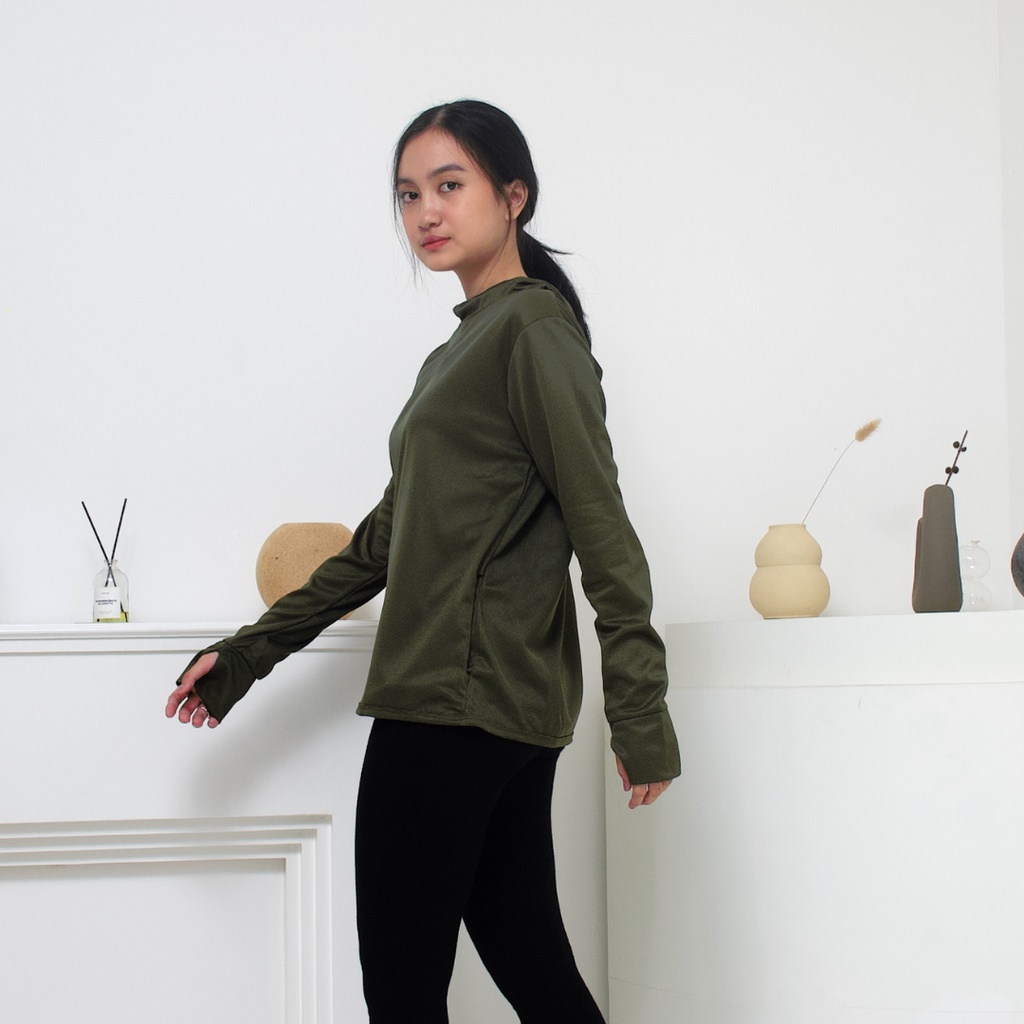 IE.DEMODE Hoodie Wanita Polos Outer Sport Breath Technology Hijau Army-1