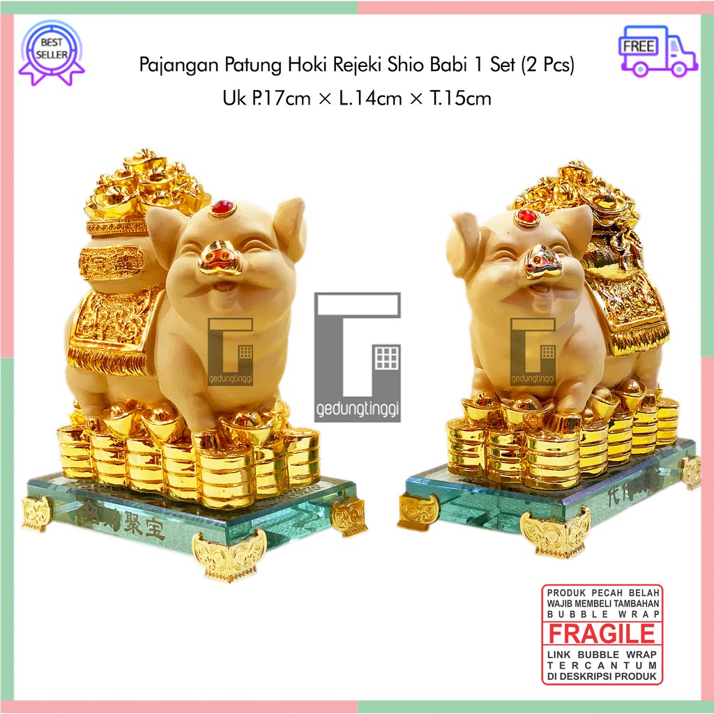 Patung Pajangan Imlek 12 Shio Babi Sepasang 1 Set Pasang Hoki Rejeki Fengshui Chrome Gold Emas Resin