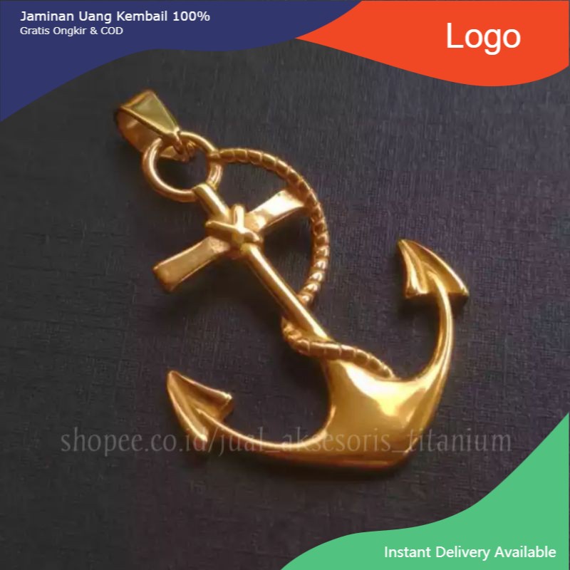Liontin Kalung Jangkar Pria Titanium Asli Keren Emas Gold Kuning Anti Karat Cowok Cowo Jangkar Keren