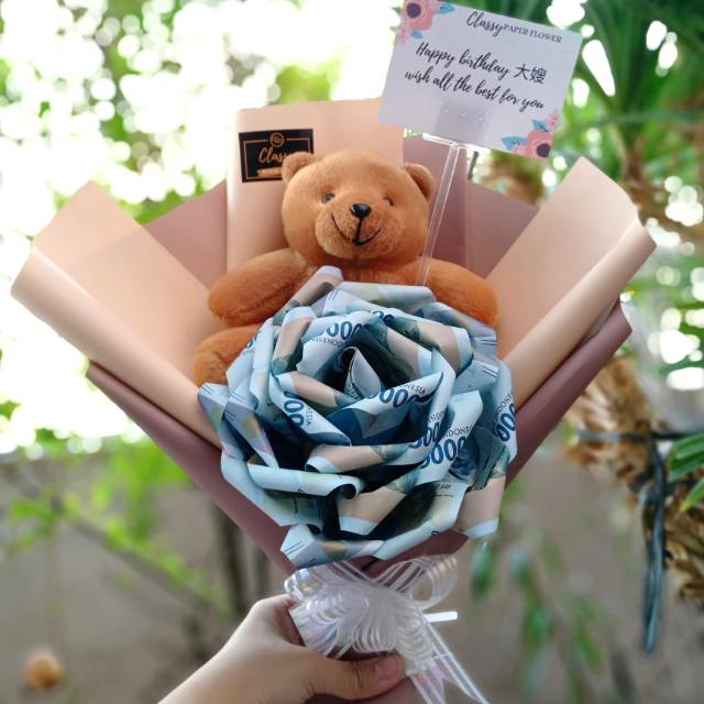 Large Money Roses with Teddy Bear / Bucket Buket Bunga Uang Asli / Hadiah Kado Ultah / Wisuda