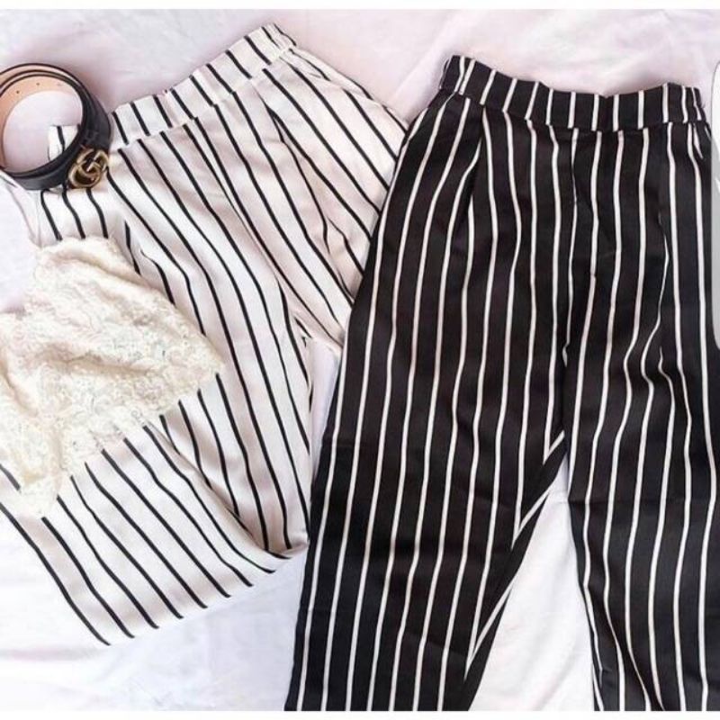 CELANA KULOT CREPE SALUR / STIPE PANTS - celana kulot panjang saku kantong garis kecil