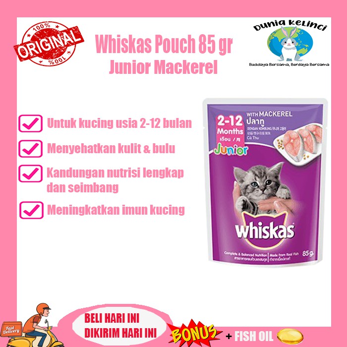 MAKANAN KUCING BASAH WHISKAS POUCH JUNIOR 85 GR MACKEREL SASET WET FOOD WISKAS