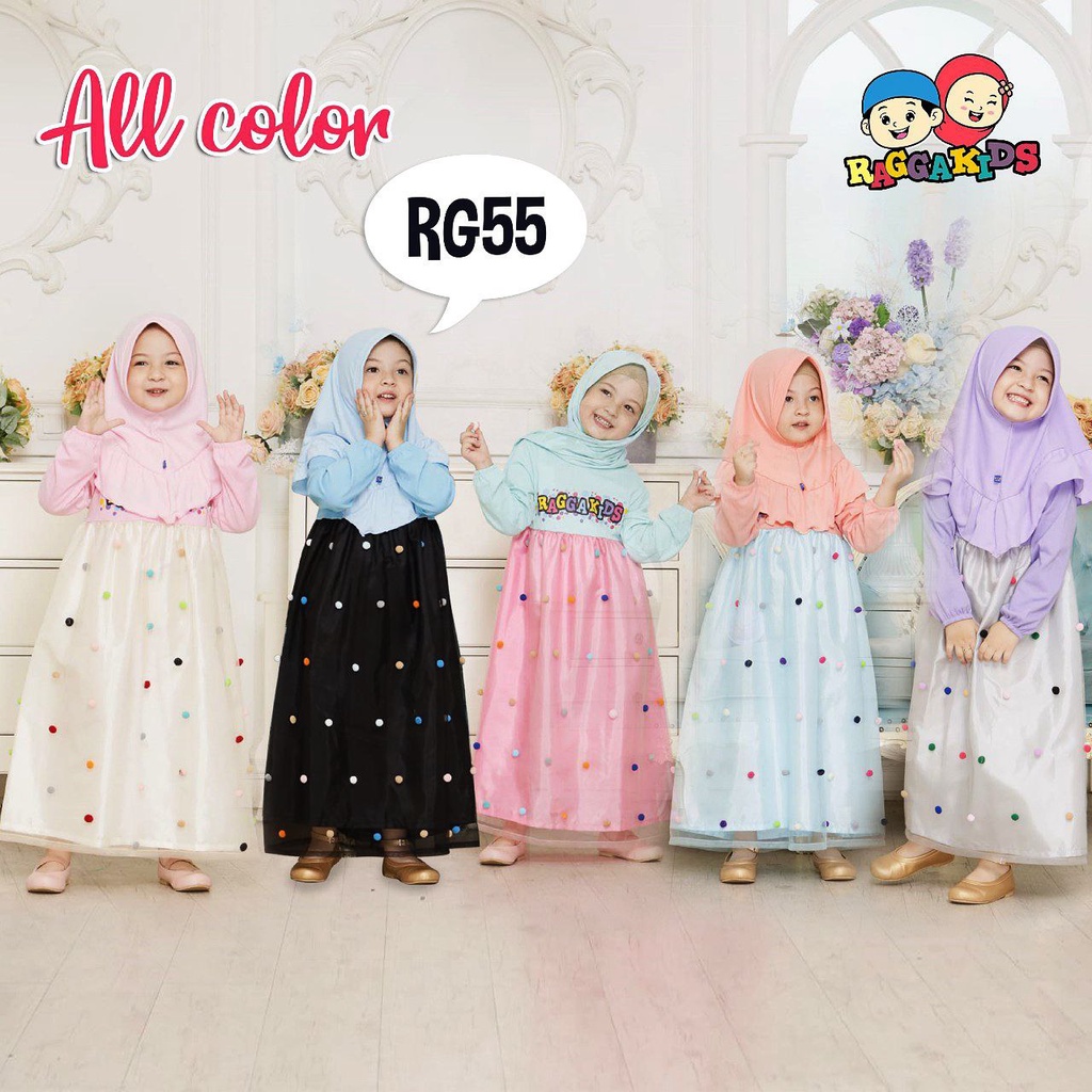 (FREE TAS) RG 55 V1 Baju Muslim Gamis Kaos Anak Raggakids Pesta Cantik Tutu Dress I Pink Mint Biru S