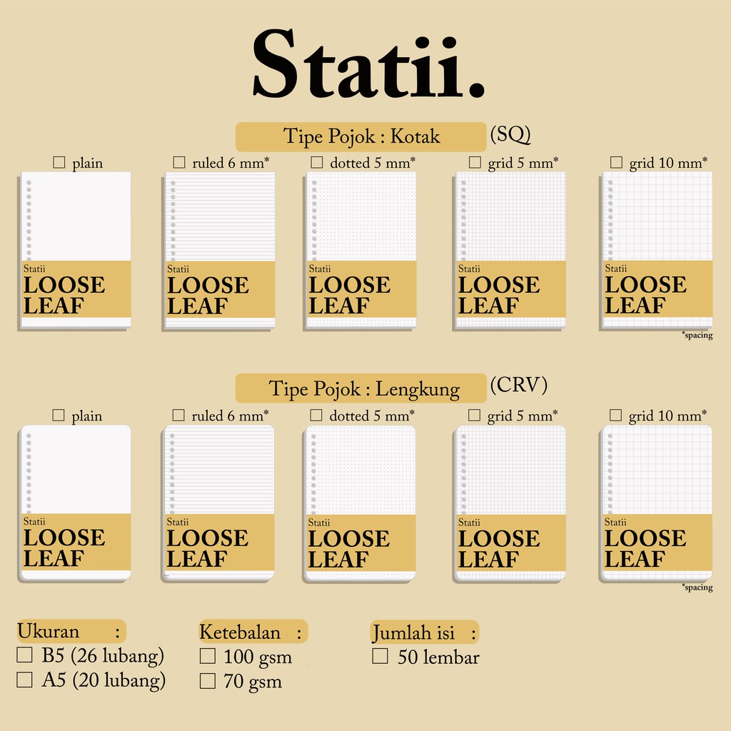 

A5 Statii Loose Leaf Isi Binder 50lembar 100gsm 70gsm