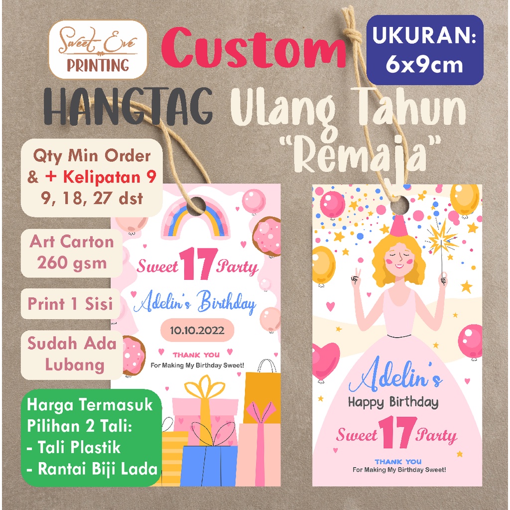 HANG TAG ULANG TAHUN REMAJA SWEET SEVENTEEN UNTUK HAMPERS (HARGA SUDAH TERMASUK TALI) Ukuran 6X9cm