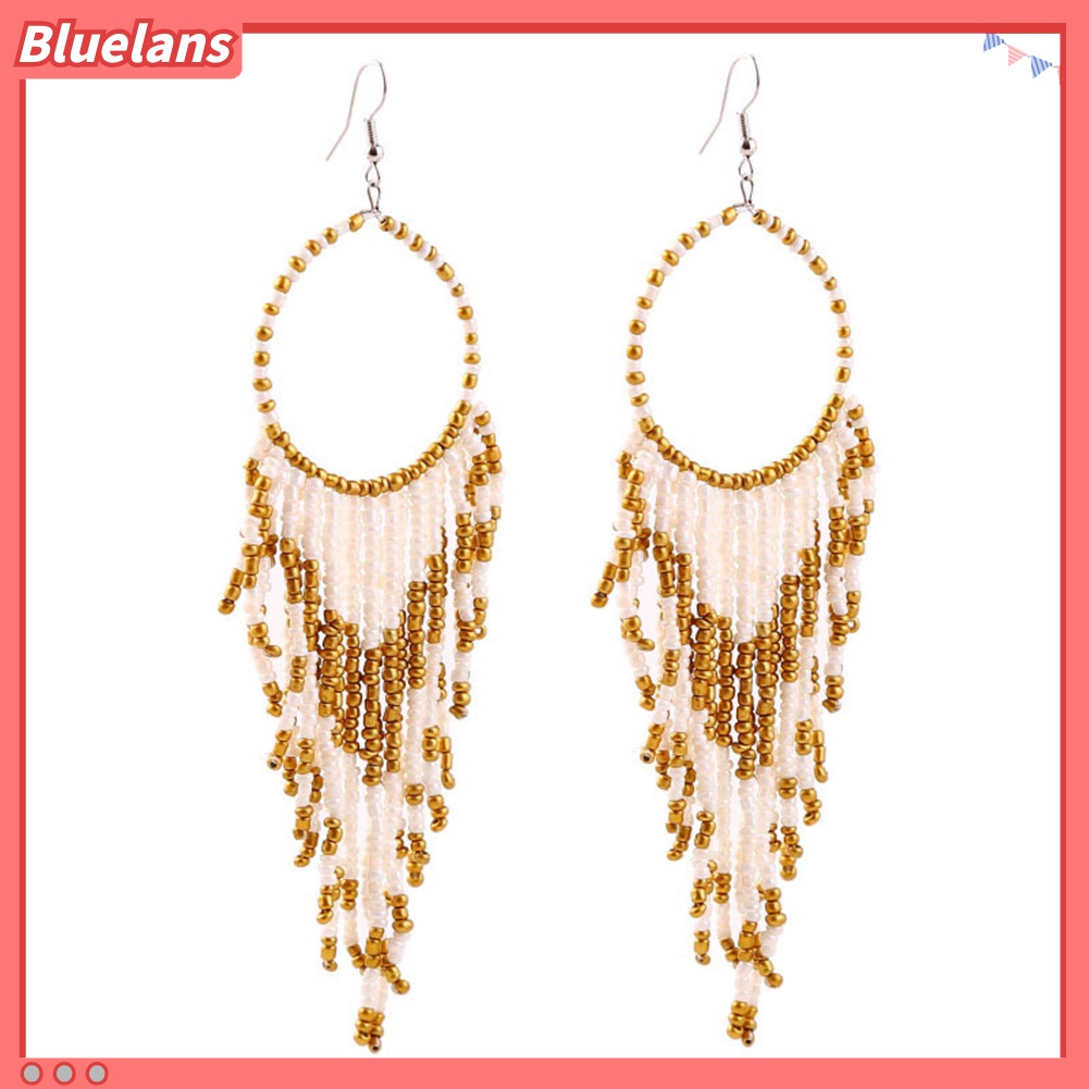 Anting Kait Gantung Panjang Manik-Manik Bulat Aksen Rumbai Gaya Bohemian Untuk Wanita