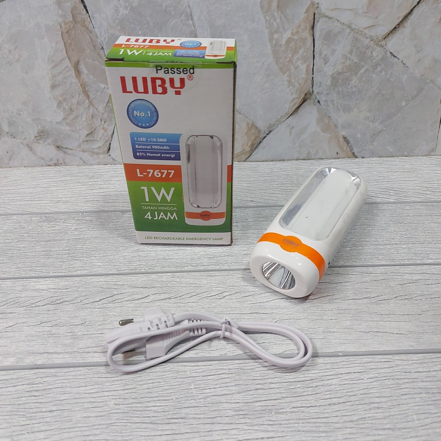 Lampu Emergency Mini Cahaya Putih Luby L 7677 1W Tahan 4 Jam 900 mAh