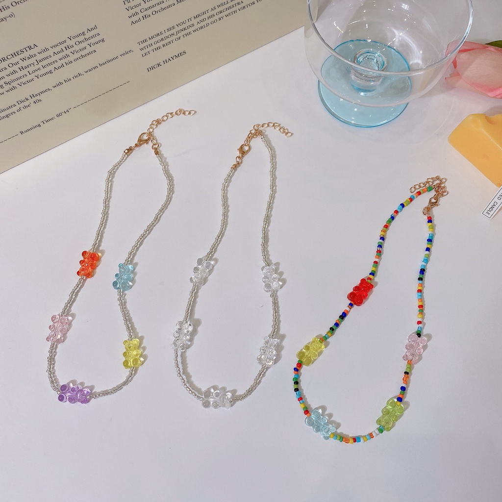 Cute Jelly Bear Rice Bead Necklace Crystal Color Clavicle Chain