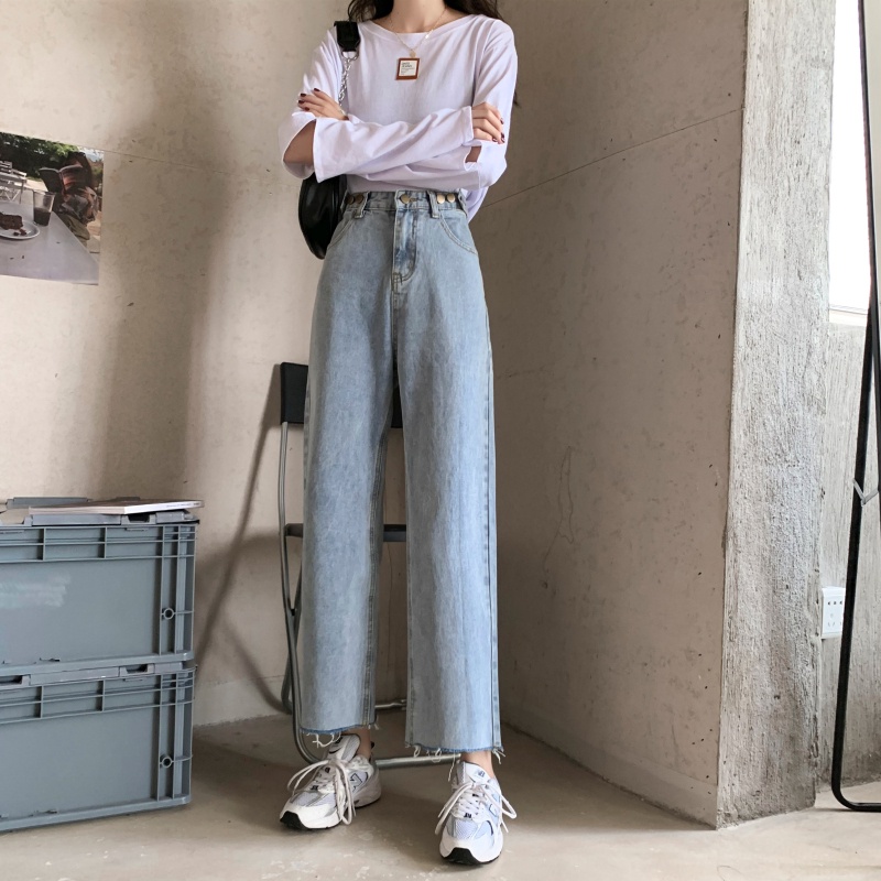 korean style new biru muda straight boyfriend celana jeans longgar wanita