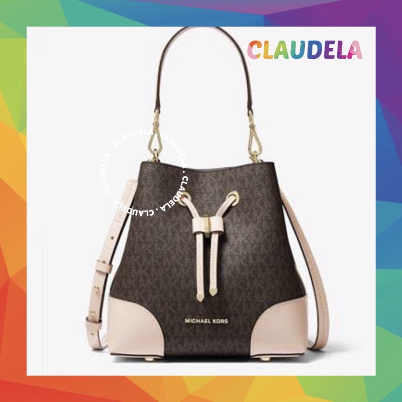 Michael Kors MK Mercer Gallery Bucket Small Signature Brown Soft Pink Asli Original