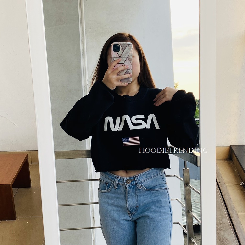 HODISO - Sweater Crop Nasa Usa Flag Allsize &amp; Oversized Korean Style Terlaris