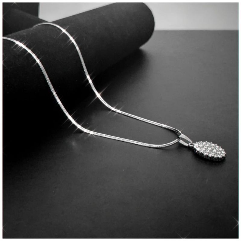 Kalung Titanium Tetes Air Liontin Wanita Permata Sirkon Lonjong OVAL Silver Berkilau Anti