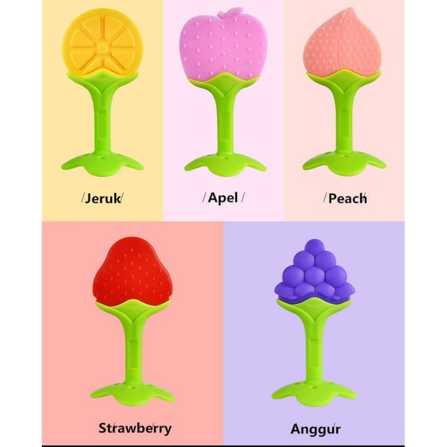 Baby teether buah Empen bayi gigitan tooth pacifier mainan rattle genggam fruit silikon silicon apel orange strawberry anggur peach