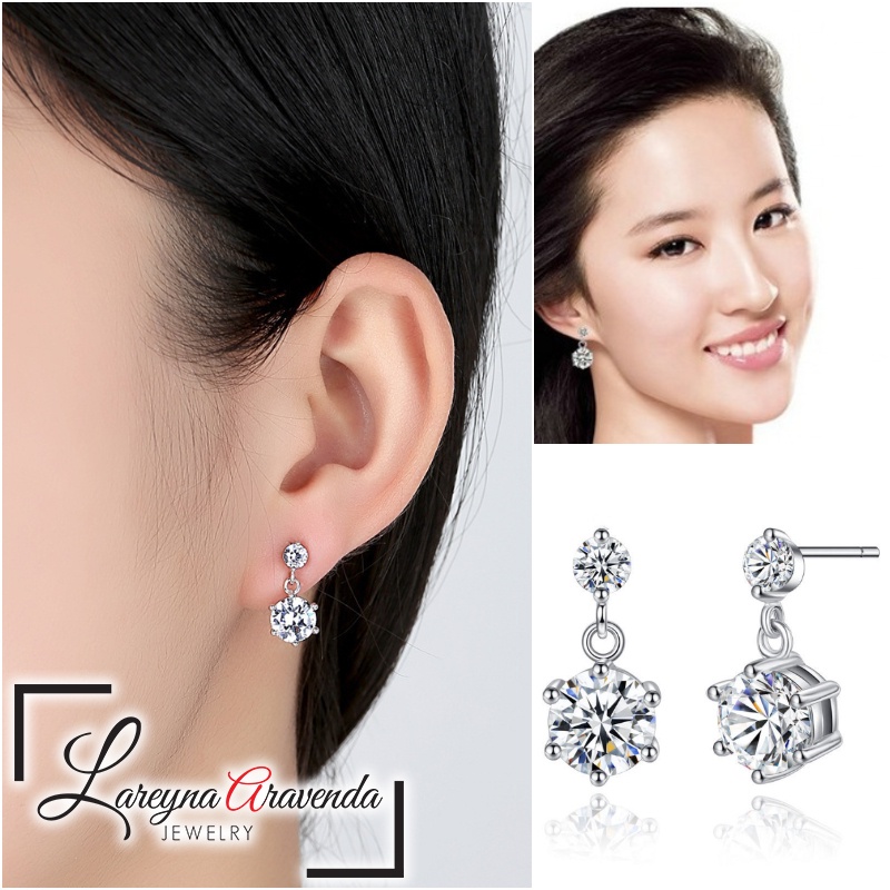Anting Korea Wanita Perak S925 Model Double Stairs Crystal Mewah AT038