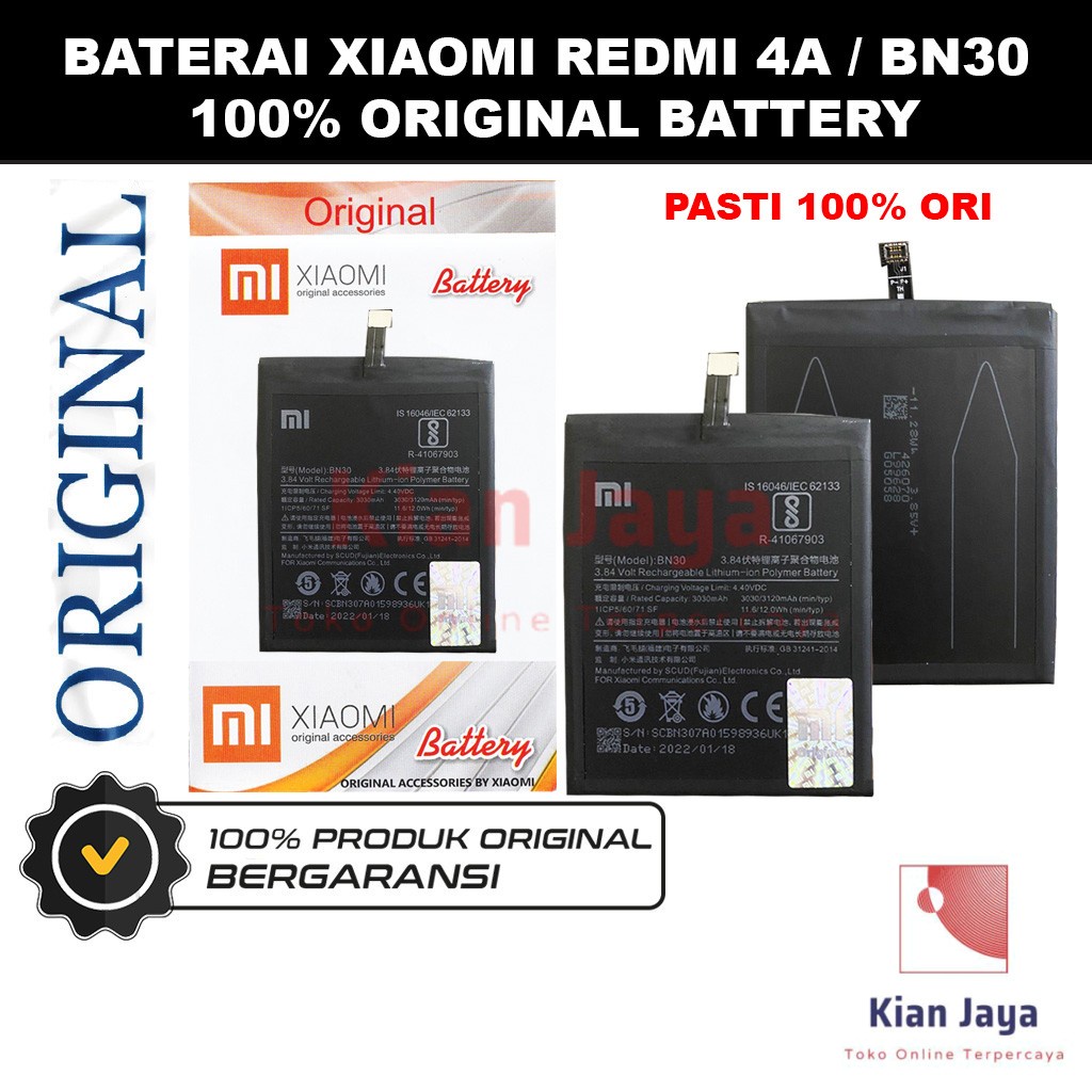 [Garansi 100% Ori] Baterai Untuk Handphone Xiaomi Redmi 4a BN30 Batre Batrai Battery Hp Xiao Mi Xiomi BN 30 Original