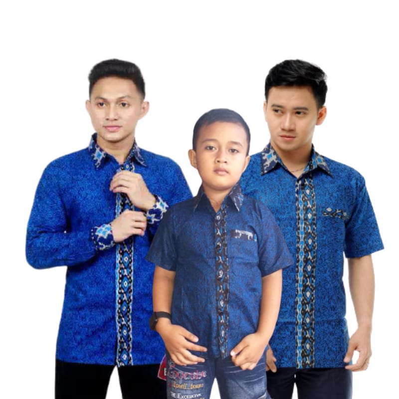 KEMEJA HEM BATIK ANAK AYAH MOTIF MEGA IJO BIRU