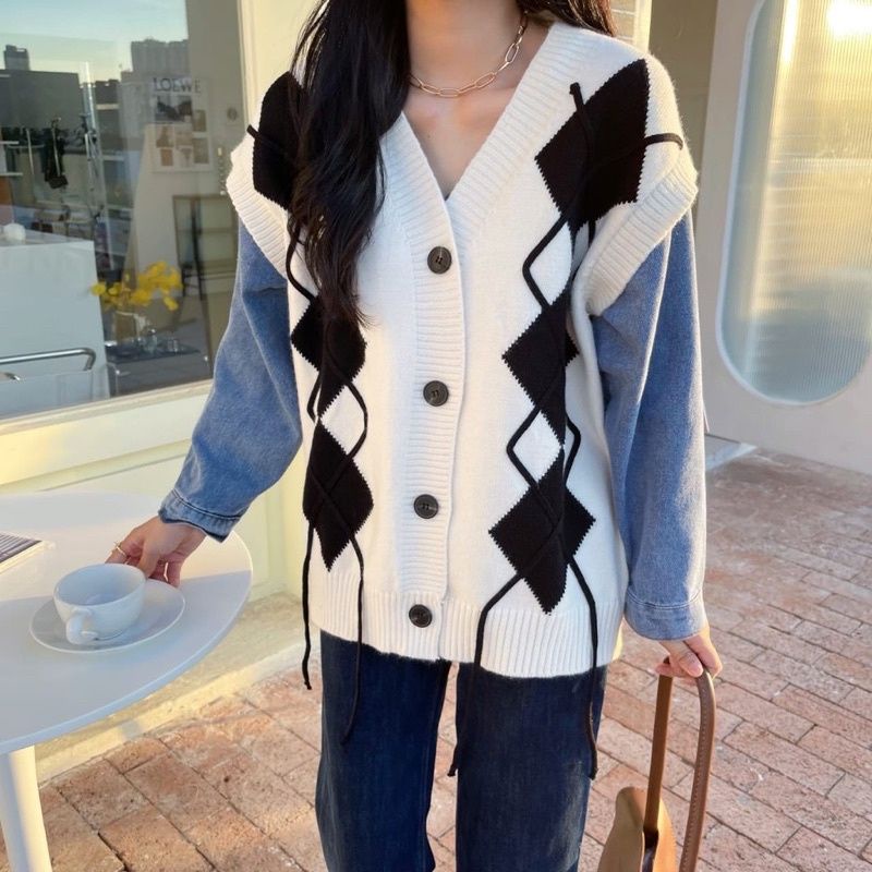 MDLV ~ 48005 Dalmian Knit Jacket Combi Denim Cardigan Rajut Denim Cewek Vardigan Rajut Lengan Panjang Premium Outer Rajut Denim Cardigan Rajut Import Good Quality Fashion Import