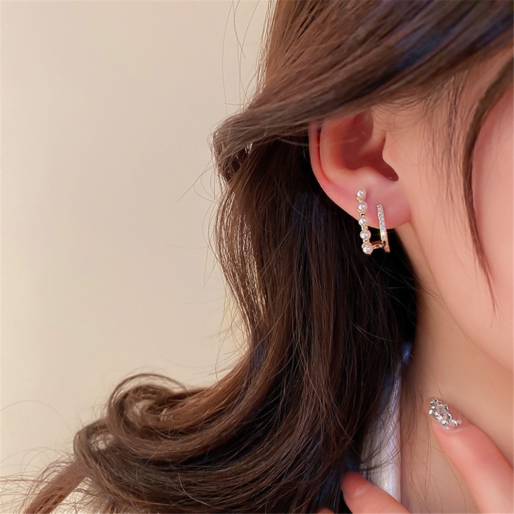 1 Pasang Anting Stud Zircon Mutiara Double Layer Gaya Retro Untuk Wanita