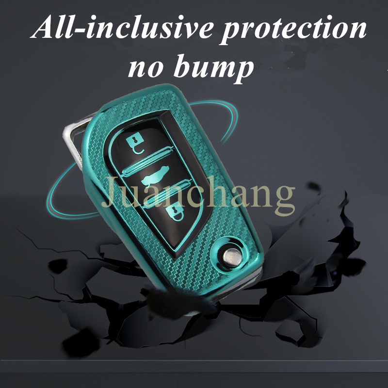 Casing Kunci Mobil 3 Tombol Bahan TPU Aksen Serat Karbon Untuk Toyota Auris Corolla Avensis Verso Yaris Aygo Scion TC IM 2015 2016 Camry RAV4