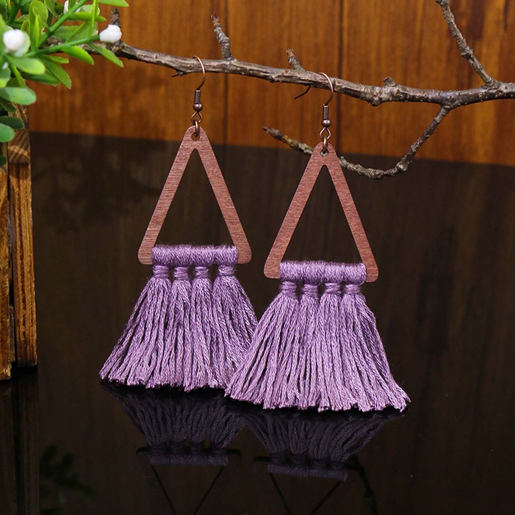 Hu Hu Hu Hu Hu Alat Bantu Pasang Kacamata♡ 1 Pasang Anting Kait Gantung Wanita Bahan Kayu Bentuk Segitiga Aksen Rumbai Benang Katun Gaya Etnik Bohemian