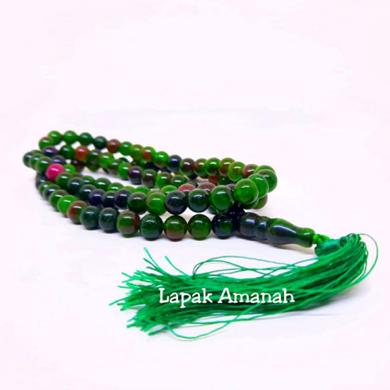 Tasbih Batu Giok Hijau Gradasi Ruby Tanzania 99 Butir Asli Original