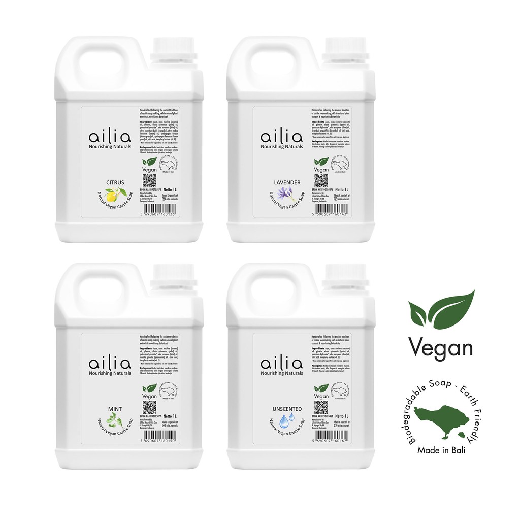 Ailia Natural Vegan Castile Soap UNSCENTED 1000 ml - DIY Essential Oil, lembut utk kulit sensitif