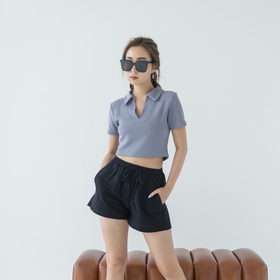 [TAVIA] JIRO KNIT POLO / BAJU CROP WANITA / KAOS CROP WANITA-Blueberry
