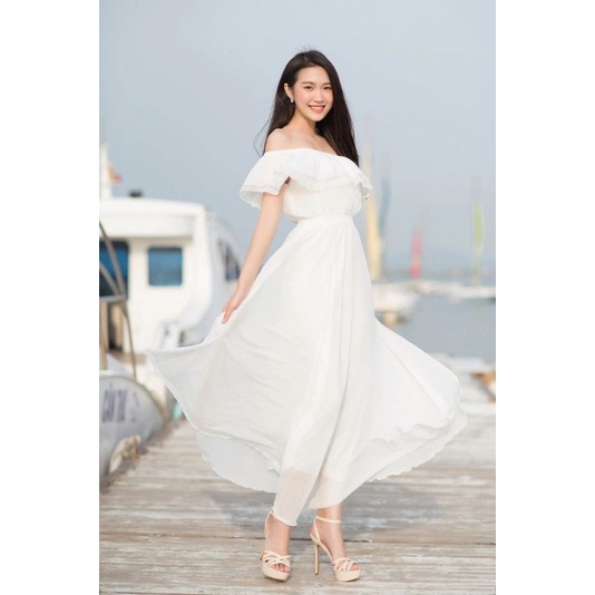 REDY LAGI 0179/ D0356 YURINA / MALAIKA /RUFFLE JULIET DRESS OFF SHOULDER  PUTIH BOHEMIAN PANTAI WDIN