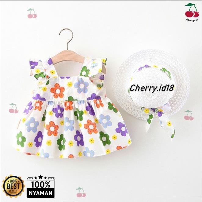 (6bln - 3thn) COD Summer Dress Flower / Dress Anak Motif Bunga + Topi / Dress Anak Summer D45