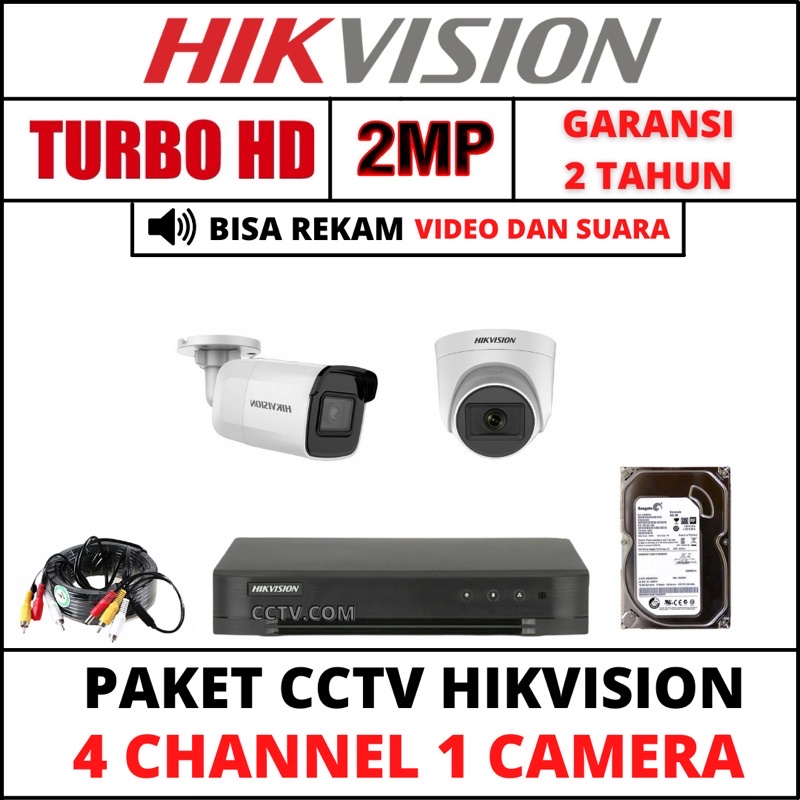 PAKET CCTV HIKVISION 4 CHANNEL 1 KAMERA BEBAS PILIH 2MP TURBOHD/AUDIO 1080P KOMPLIT TINGGAL PASANG