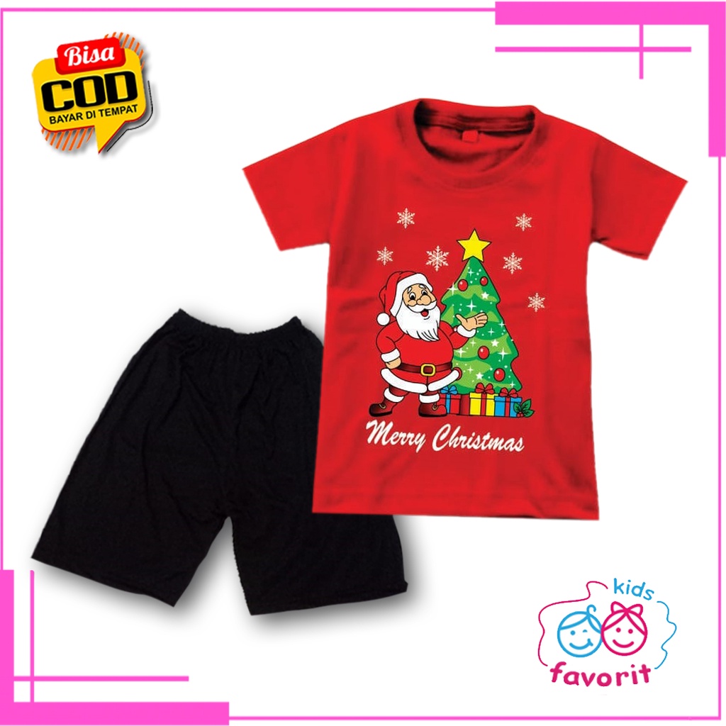 Favorit kids Setelan baju natal anak perempuan lengan pendek celana pendek gambar santa claus