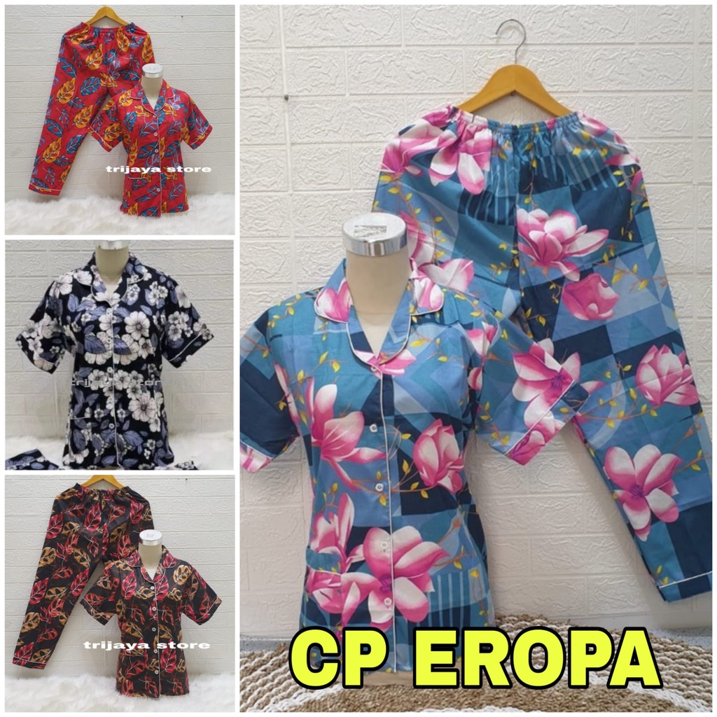 Trijaya . piyama wanita CP katun eropa / baju tidur dewasa motif bunga CP lengan pendek allsize