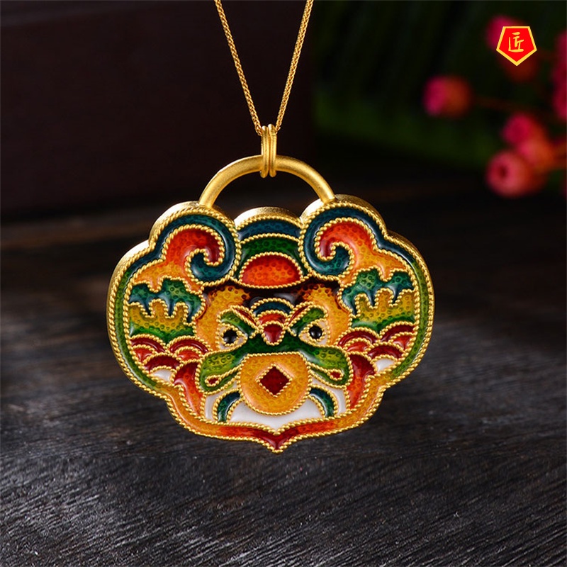 [Ready Stock]Auspicious Beast Lion Gold Pendant Enamel Long Necklace Personalized Niche Design