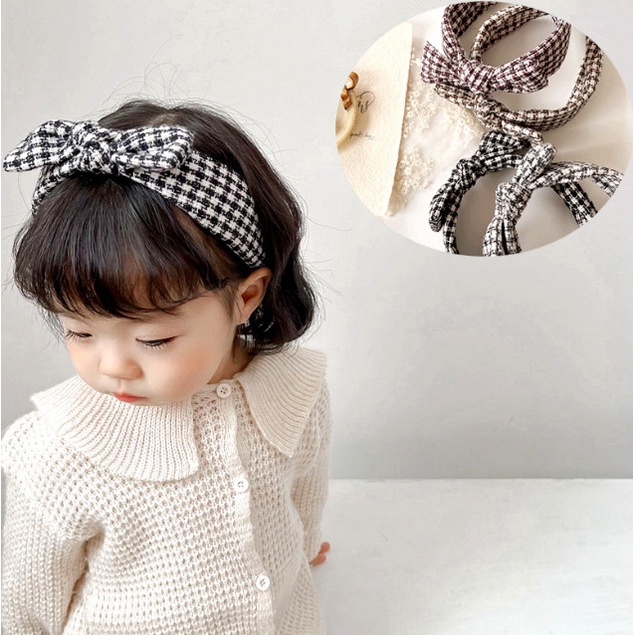 Bando Korea Anak Polos Lebar Motif Pita Kotak Hitam Putih Navya