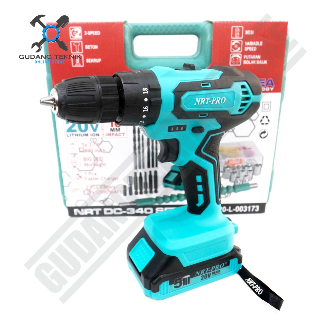 Cordless Drill NRT PRO DC 340 SET / Mesin Bor Baterai Impact Drill 20V Bor Tembok Beton Plus Set Aksesoris / DC340