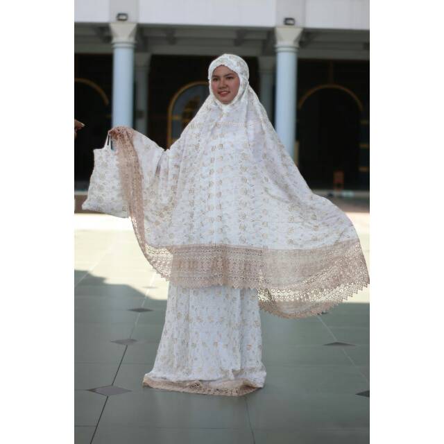 [Premium] Mukena sutra Jepang prada Putih renda Coklat mahal motif, mewah, dingin