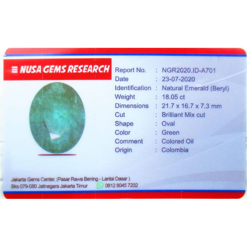 NATURAL EMERALD BERYL / ZAMRUD COLOMBIA LUSTER JUMBO MEMO NGR GEMS LAB (BISA BAYAR DITEMPAT)